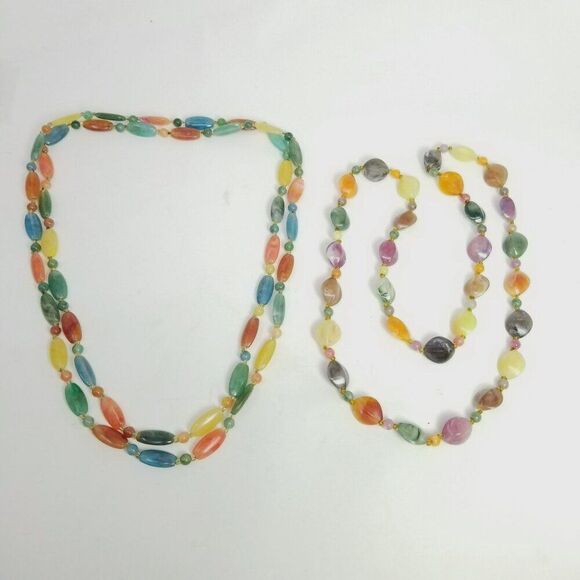Vintage Set of 2 Colorful Beaded Necklaces, Long Layered, Plastic Beads, Estate - Picture 2 of 8